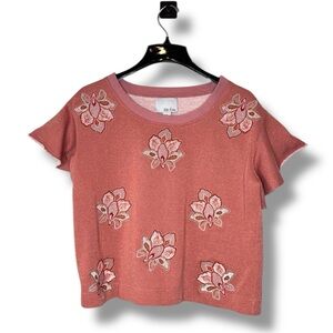 Chloe Oliver Anthropologie‎ Embroidered Floral Sweatshirt Sz Large Boho Coral